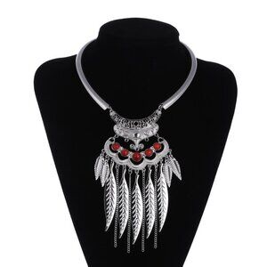 Astrid Metal Feather Boho Red Howlite Gems & Silvertone Feather Choker Folk